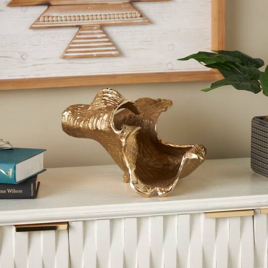13.75" Gold Aluminum Metal Abstract Textured Folded Leaf Decorative Bowl